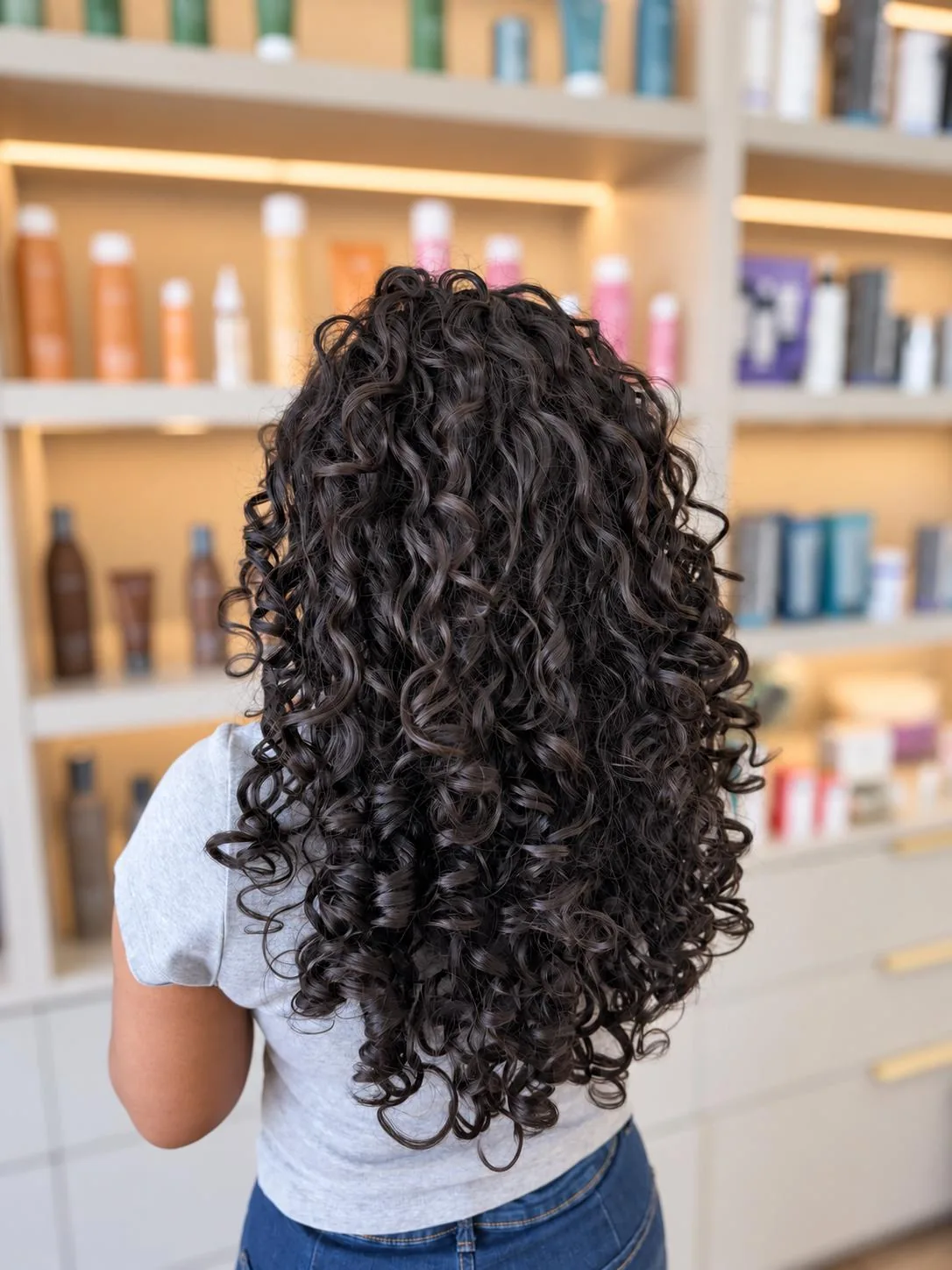 Long dark defined curls photographed from behind